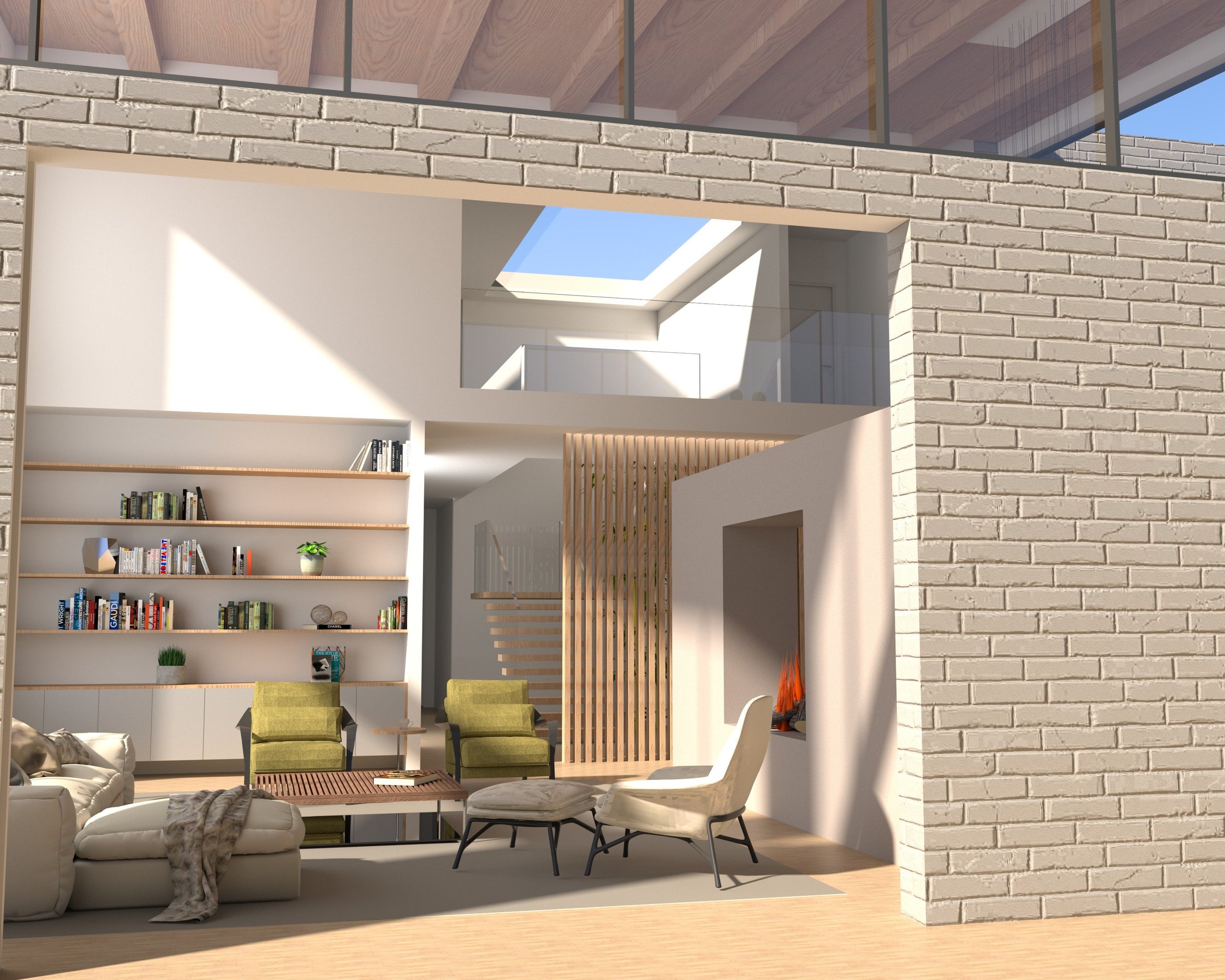 The double-height living space under the skylight