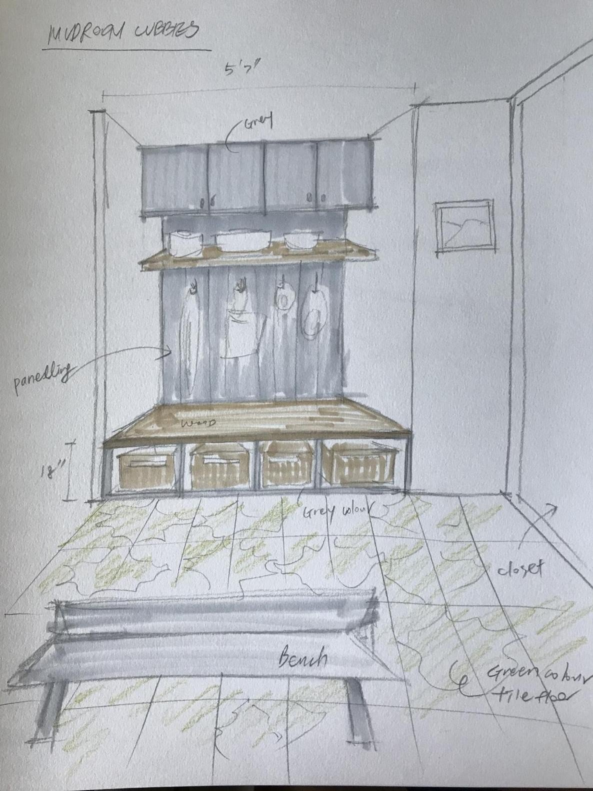 Mudroom, bench and cubbies