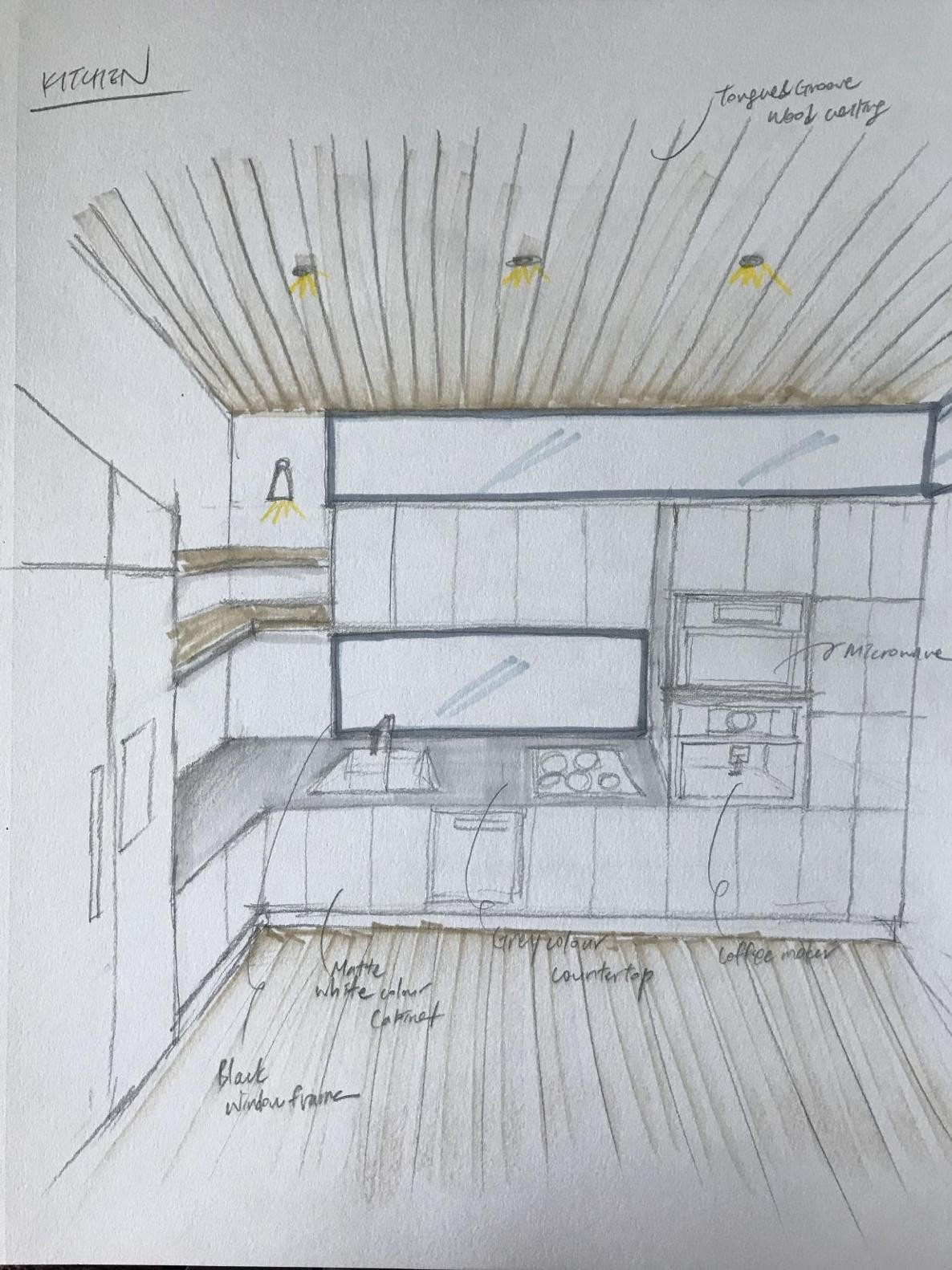 Kitchen, wood-lined ceiling