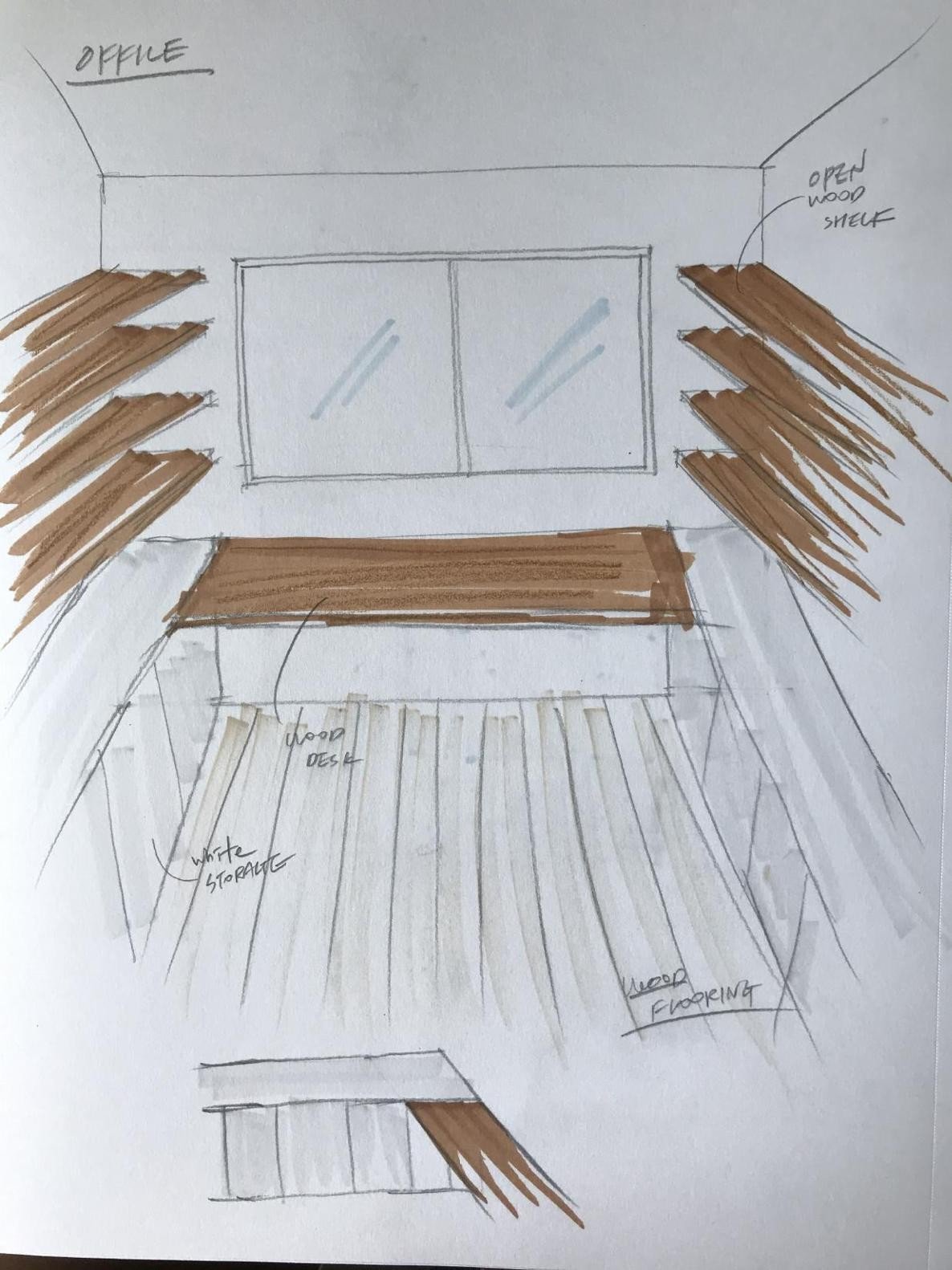 Office, open wood shelving