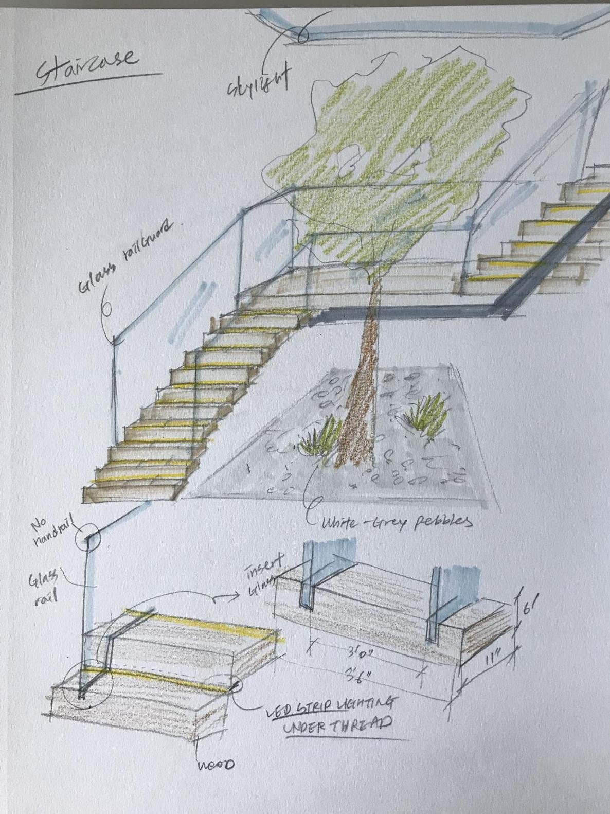 Central stair, a tree in a pebble garden below