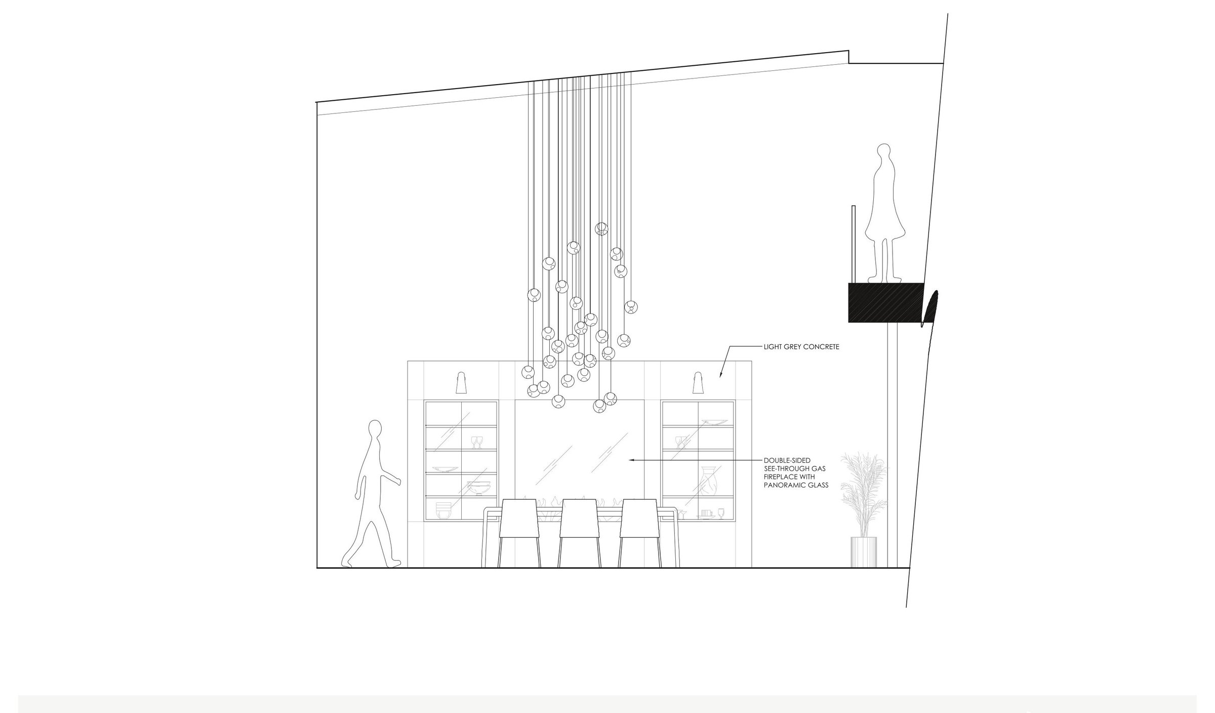 Dining elevation, pendants over the see-through fireplace