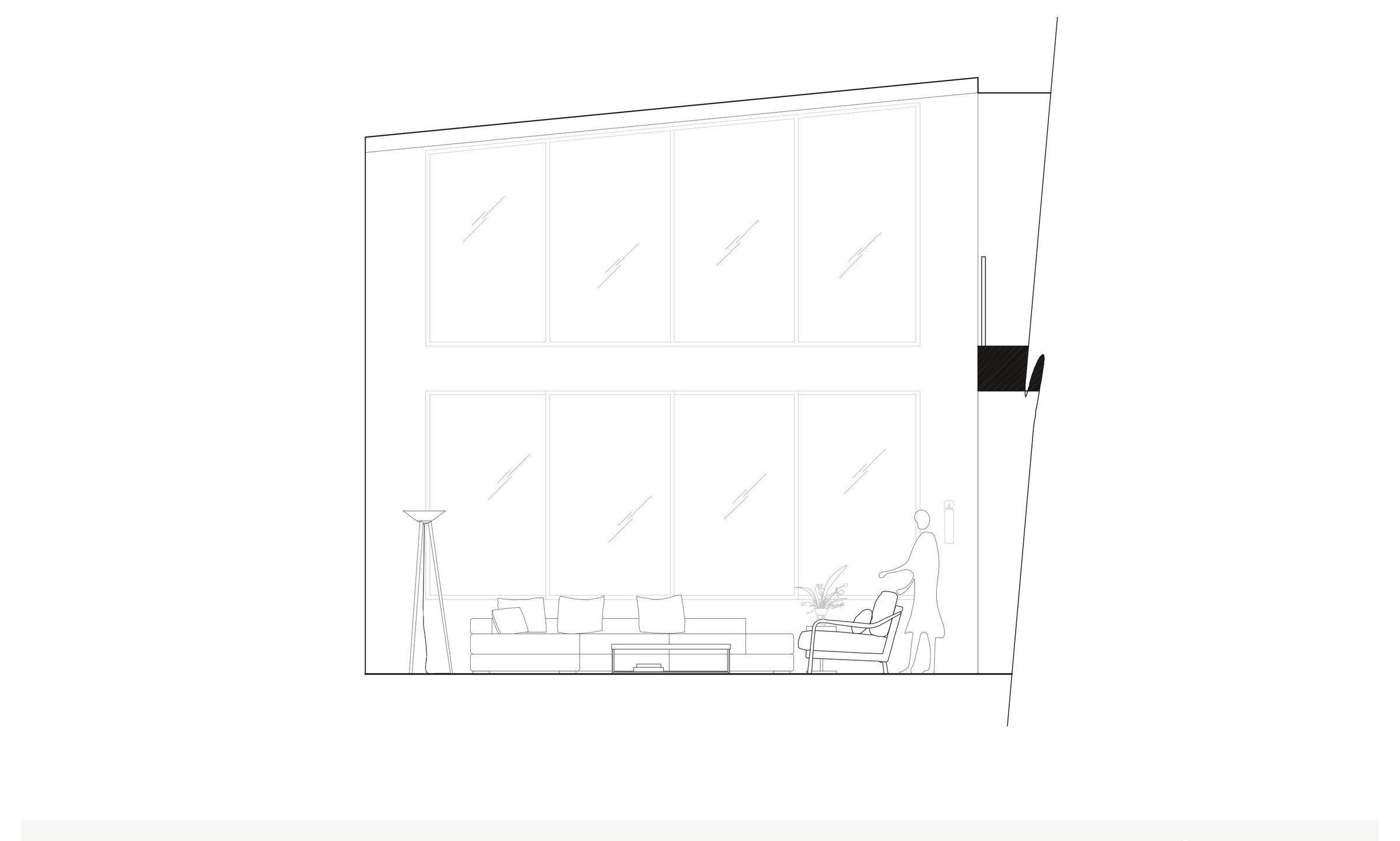 Living room elevation, open to the deck