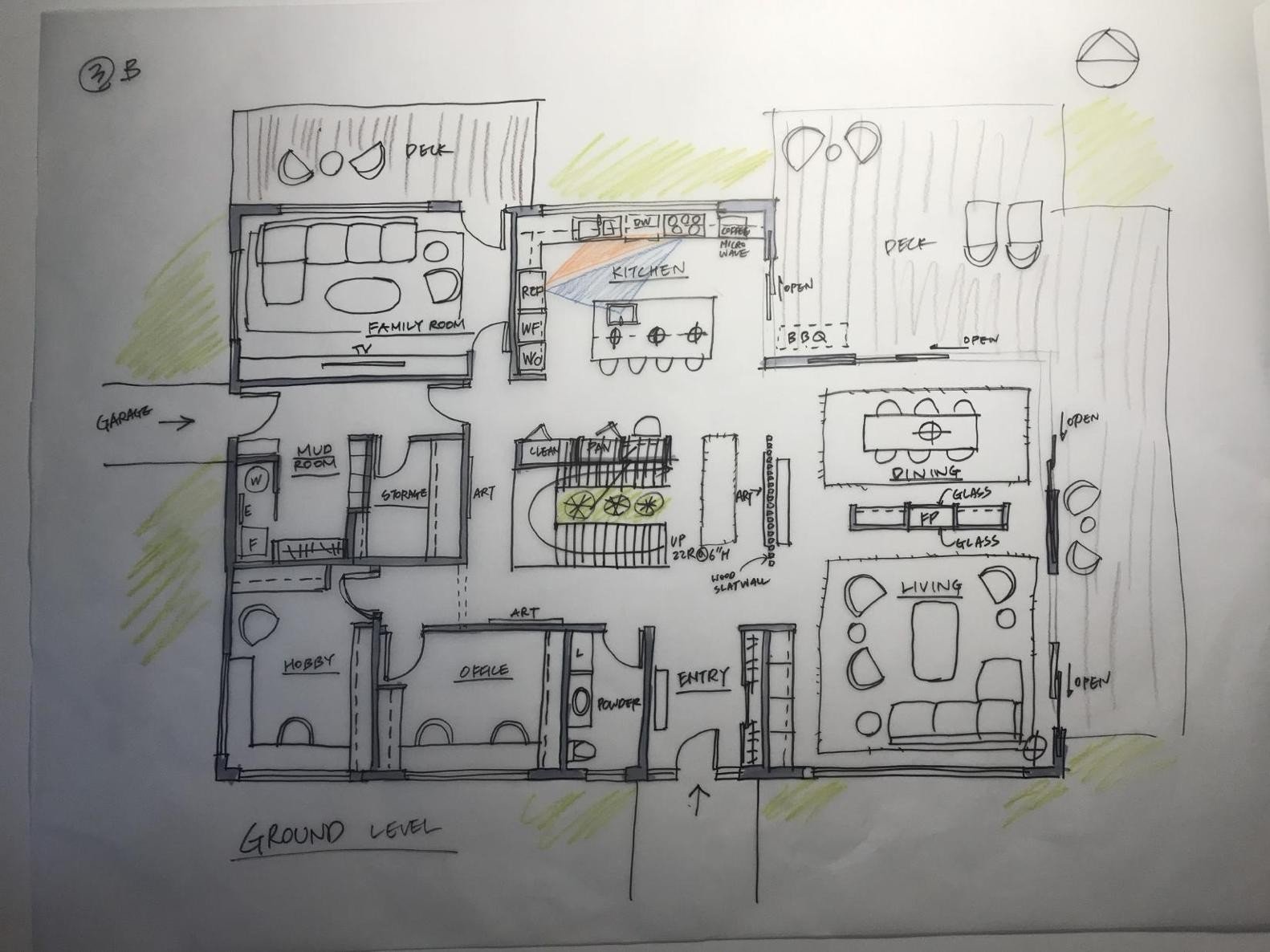 Ground floor plan, drawn by hand