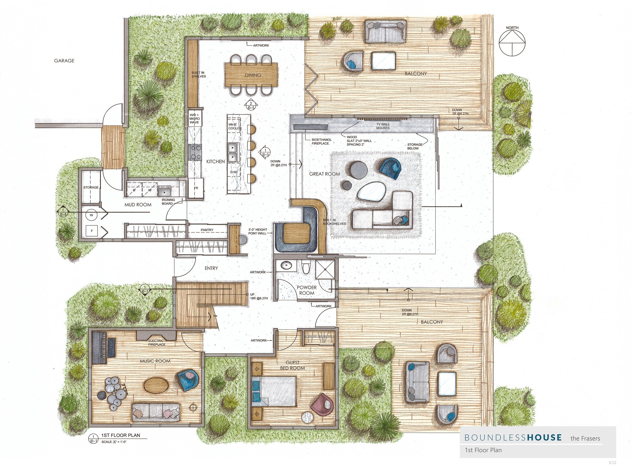 Ground floor, every room reaching into its own garden