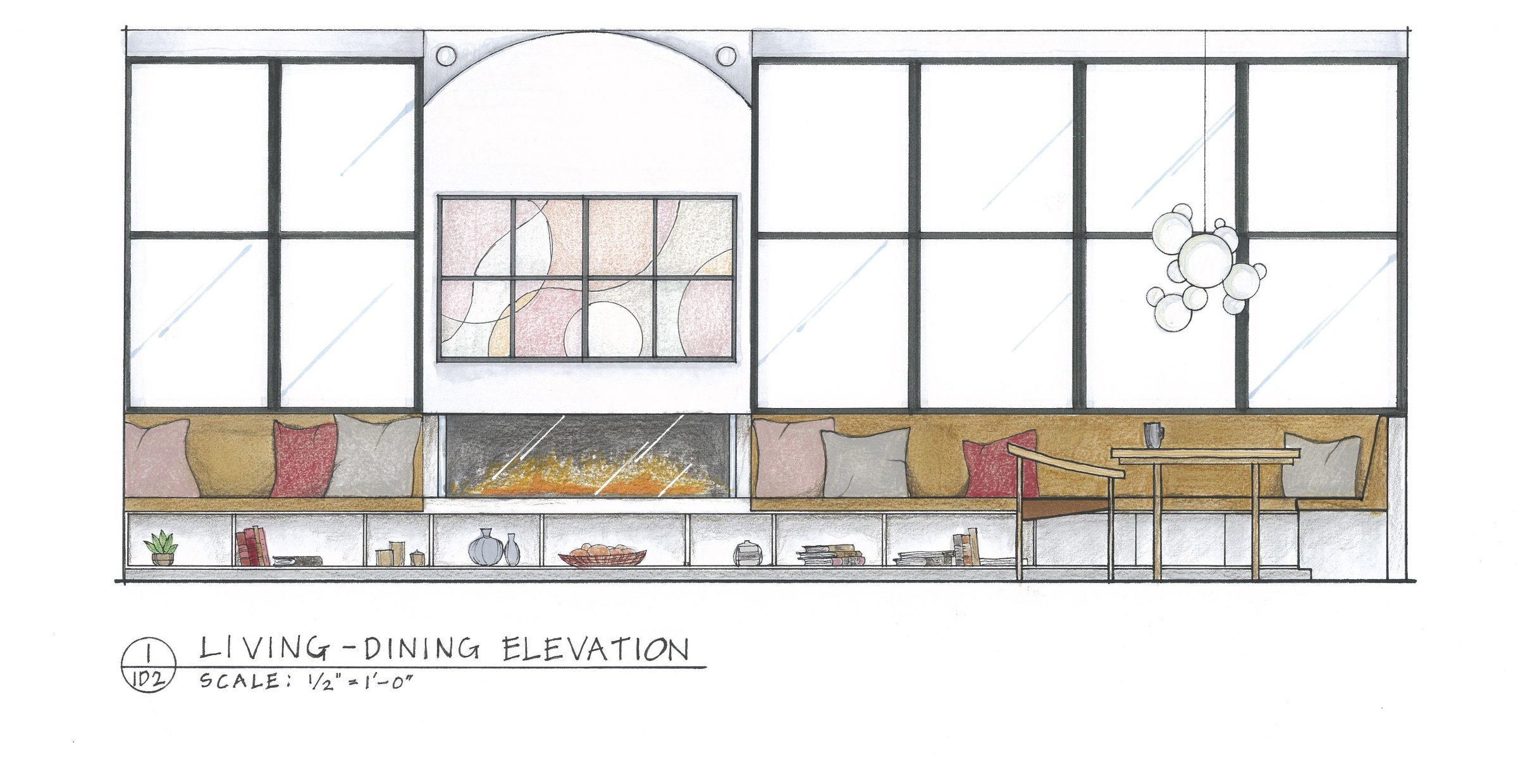 Living and dining elevation, hand-drawn