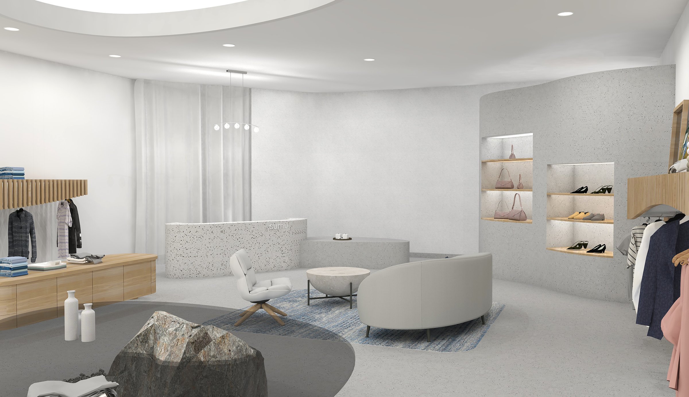 Terrazzo cash desk and granite boulder